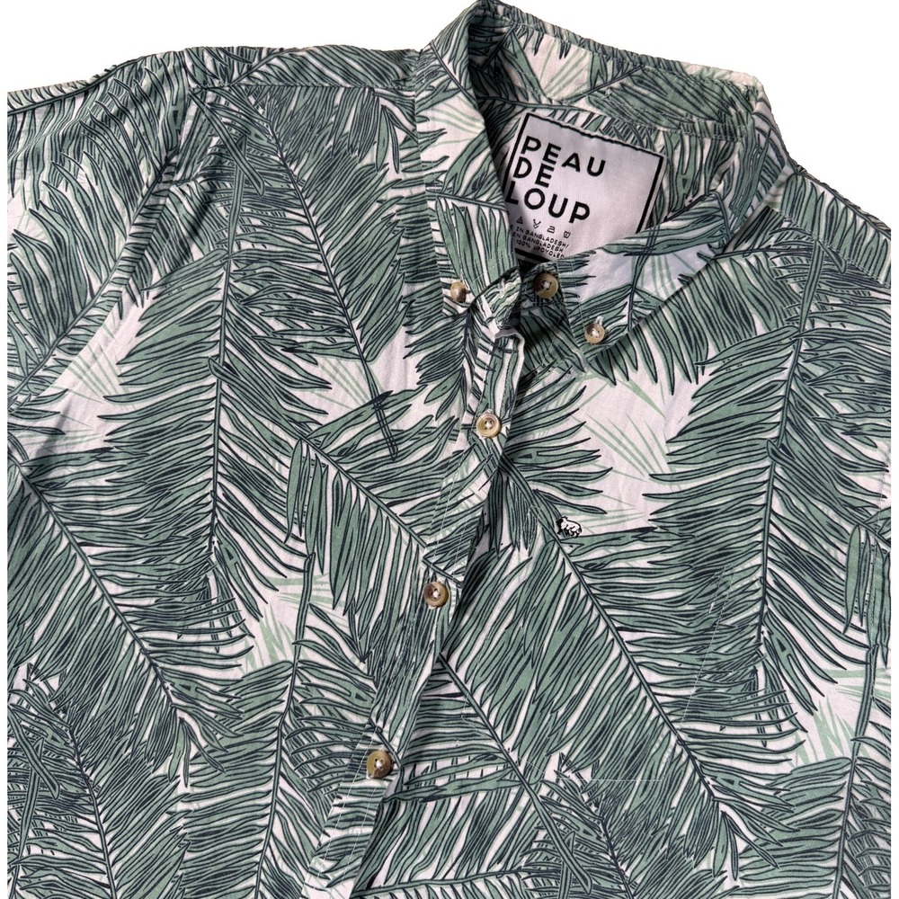 Peau de Loup Size 14 Short Sleeve Button Up Shirt Green Tropical Palm Cotton